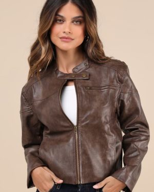 Rebel Brown Vegan Leather Cropped Moto Jacket