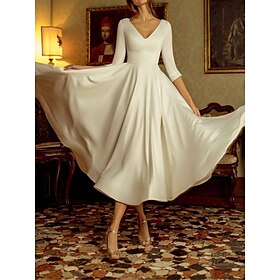 Reception Vintage 1940s / 1950s Little White Dress Bridal Shower Dresses Wedding Dresses A-Line V Neck 3/4 Length Sleeve Tea Length Satin Bridal Gowns With Ple