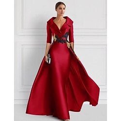 Red A-Line Vintage Embroidered Evening Gown Elegant Dress Tuxedo Dress Formal Floor Length 3/4 Length Sleeve Shirt Collar Satin with Appliques