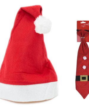 Red Christmas Santa Hat And Glitter Tie | Novelty Christmas Fancy Dress Accessories | Classic Father Christmas Hat And Red Santa Necktie