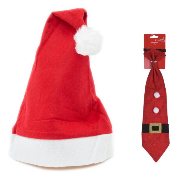 Red Christmas Santa Hat And Glitter Tie | Novelty Christmas Fancy Dress Accessories | Classic Father Christmas Hat And Red Santa Necktie