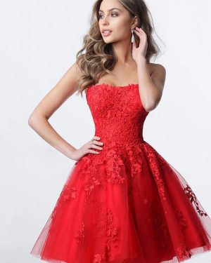Red Cocktail Dresses Strapless Mini Dress Lace Sexy Party Dress