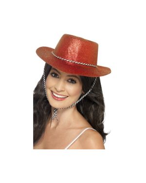 Red Cowboy Glitter Hat - hat glitter cowboy fancy dress accessory womens ladies wild west rodeo hen do adult smiffys costume cowboys indians cowgirl