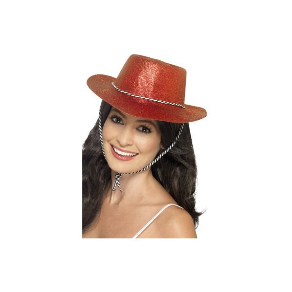 Red Cowboy Glitter Hat - hat glitter cowboy fancy dress accessory womens ladies wild west rodeo hen do adult smiffys costume cowboys indians cowgirl