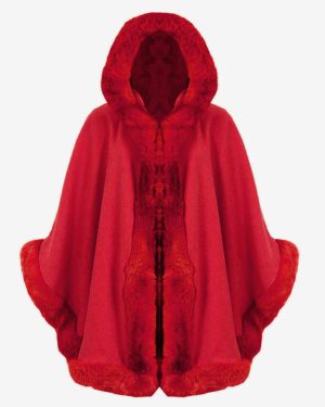 (Red) Faux Fur Hood Italian Cardigan Poncho Cape Coat