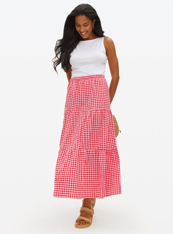 Red Gingham Tiered Midaxi Full Skirt