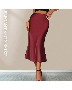 (Red, L) Satin Skirts for Women Korean Style Champagne Office High Waist A-line Skort Fashion Elegant Solid Long Pencil Skirt Silk Like