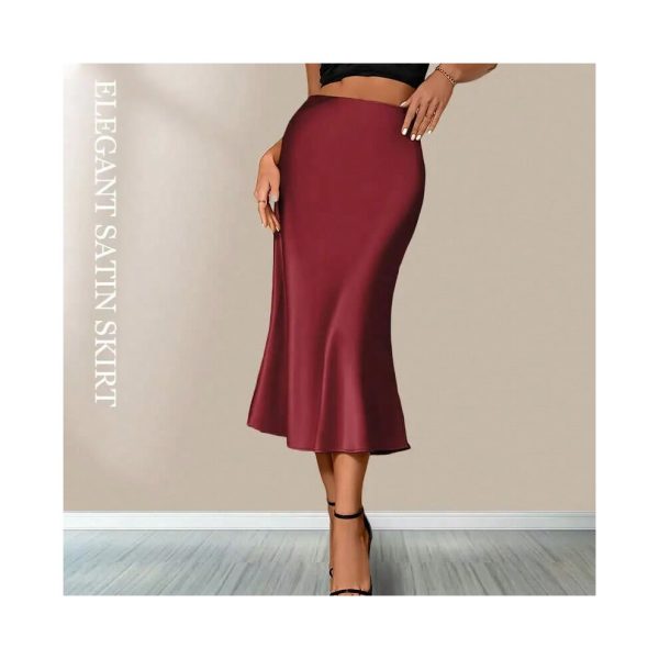 (Red, L) Satin Skirts for Women Korean Style Champagne Office High Waist A-line Skort Fashion Elegant Solid Long Pencil Skirt Silk Like