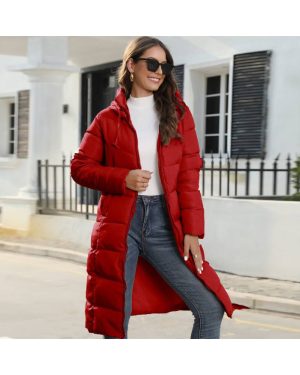 (Red, M) Warm Winter Women Padded Puffer Jacket Ladies Long Hooded Parka Quilted Coat