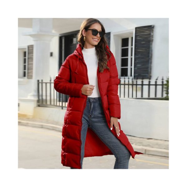 (Red, M) Warm Winter Women Padded Puffer Jacket Ladies Long Hooded Parka Quilted Coat