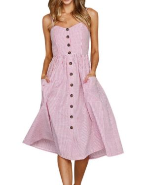(Red, M) Women Skater Midi Dress Spaghetti Straps Sleeveless High Waist Buttons Pockets A-Line