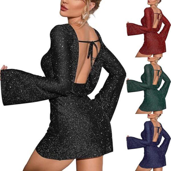 (Red, M) Women's Backless Flounce Sleeve Sparkling Mesh Mini Dress Chic And Glamorous