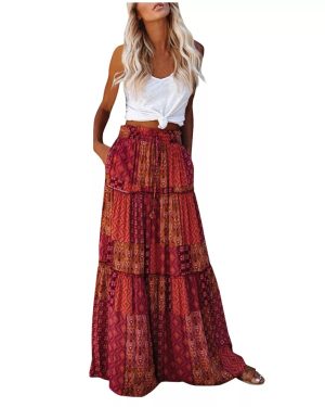 (Red, S) Women Elastic Waist Boho Floral Maxi Skirt Ladies Ruffle Long Swing A-Line Dress