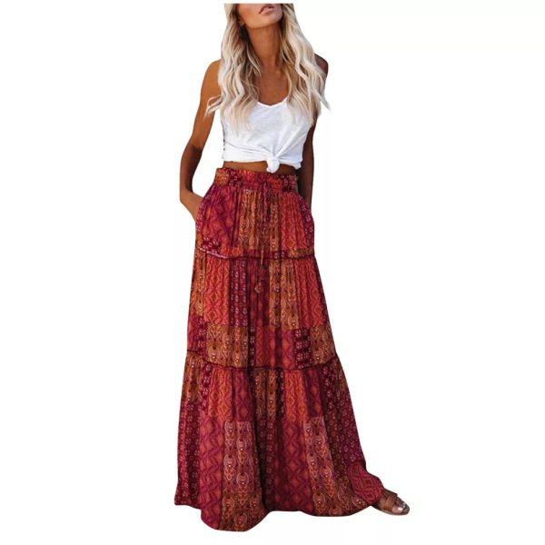 (Red, S) Women Elastic Waist Boho Floral Maxi Skirt Ladies Ruffle Long Swing A-Line Dress