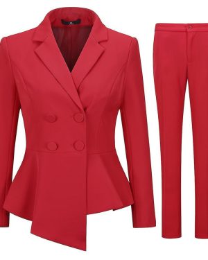 (Red, XS) Women's 2 piece women's double breasted asymmetrical slim fit suit (blazer pants)