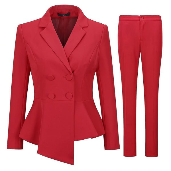 (Red, XS) Women's 2 piece women's double breasted asymmetrical slim fit suit (blazer pants)