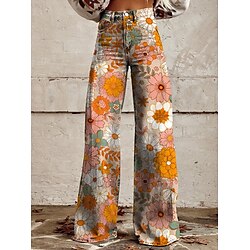 Retro Vintage Boho 1970s Pants Wide Legged Pants Hippie Disco High Waist Floral Faux Jeans Style Women's Carnival Music Festival Pride Parade Retro Theme Party Adults Pants