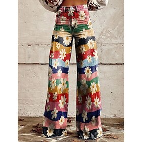 Retro Vintage Boho 1970s Pants Wide Legged Pants Hippie Disco High Waist Floral Faux Jeans Style Women's Halloween Carnival Music Festival Pride Parade Retro T