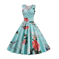 Retro Vintage Cocktail Dress Vintage Dress Knee Length Dress Flare Dress Sleeveless Slim Fit Floral Print A-Line V Neck Normal Women's Carnival New Year Masquerade Date Dress Bachelorette Party