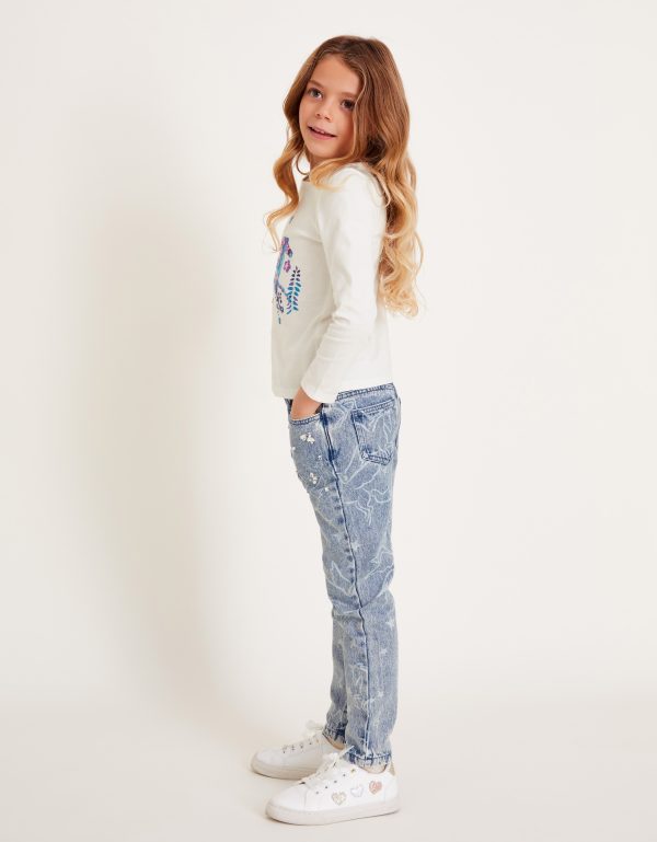 Rhinestone Unicorn Straight Jeans Blue