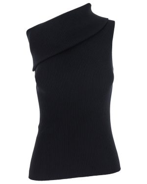 Rick Owens athena Black Ribbed Knit Asymmetric Top With Wide Neckline In Cotton Knit Woman