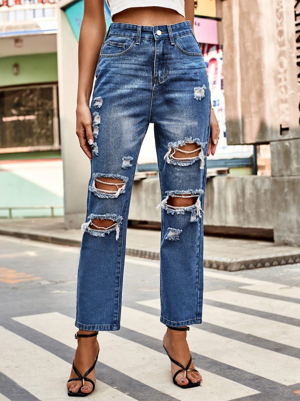 Ripped Jeans For Woman Natural Waist Casual Straight Denim Bottoms 2025
