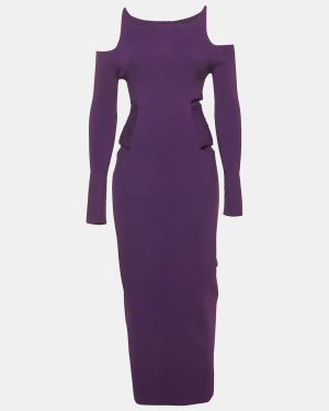 Roberto Cavalli Purple Knit Cut Shoulder Frayed Detail Bodycon Dress M