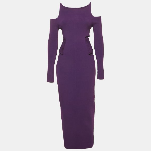Roberto Cavalli Purple Knit Cut Shoulder Frayed Detail Bodycon Dress M