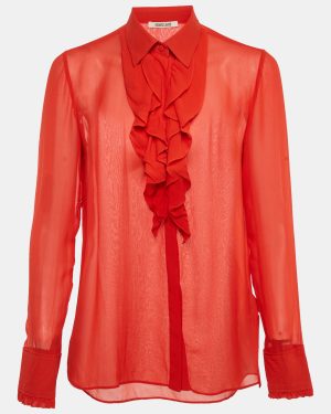 Roberto Cavalli Red Silk Chiffon Ruffle Neck Sheer Shirt S