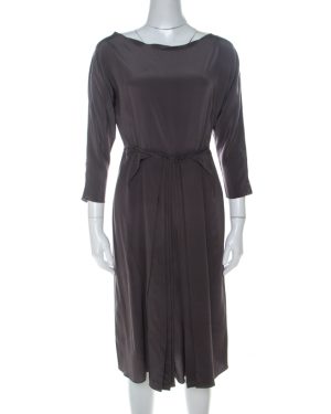 Roksanda Ilincic Gunmetal Grey Silk Pleated Skirt Backless Midi Dress M