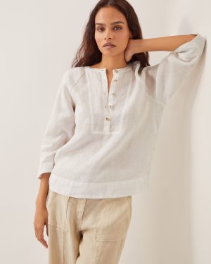 Rosa Linen Bib Blouse White