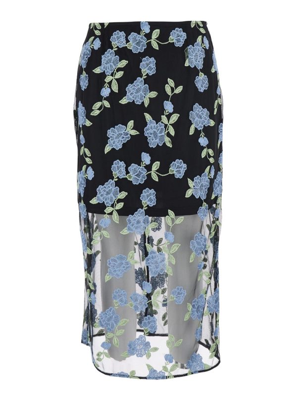 Rotate by Birger Christensen Pencil Skirt With Mesh Panels And All-over Floral Motif In Tech Fabric
