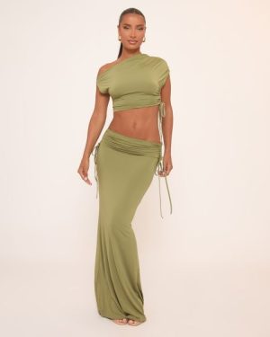 Ruched Detail Asymmetric One Shoulder Crop Top And Low Rise Maxi Skirt Co-Ord Set In Green Slinky, Women's Size UK Large L