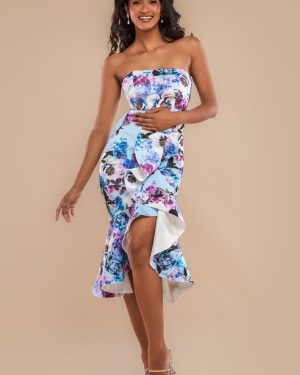 Ruffled Floral Scuba Foam Bandeau Midi Dress - Blue by Goddiva