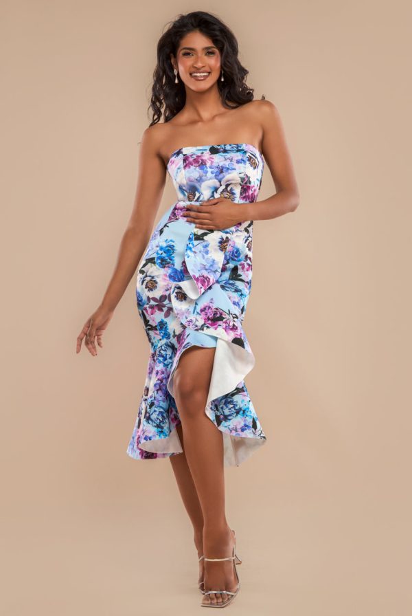 Ruffled Floral Scuba Foam Bandeau Midi Dress - Blue by Goddiva