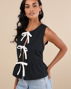 Ryoti Black Tie-Front Peplum Tank Top