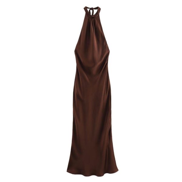 (S) "2024 Summer European & American Style Coffee Satin Halter Dress with Cut Shoulder & Backless Design"