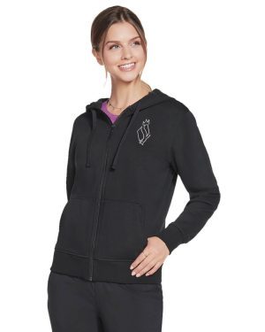 (S, Bold Black) Skechers Womens Diamond Crown Kangaroo Pocket Drawcord Full Zip Hoody
