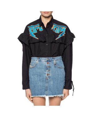 (S) DIESEL C BUL 0BAST Womens Oversize Shirt Embroidered Ladies Long Cotton Black