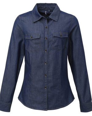 (S, Indigo Denim) Premier Womens/Ladies Jeans Stitch Long Sleeve Denim Shirt