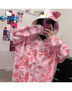 (S) Sanrio Hello Kitty Camo Pink Cotton Hooded Embroidered Sweatshirt Women's Loose Zipper Coat Fashion Streetwear Hoodies Clothes