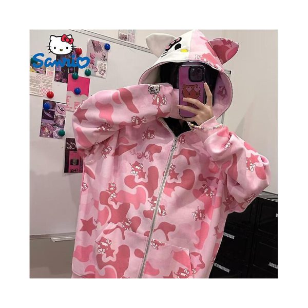 (S) Sanrio Hello Kitty Camo Pink Cotton Hooded Embroidered Sweatshirt Women's Loose Zipper Coat Fashion Streetwear Hoodies Clothes