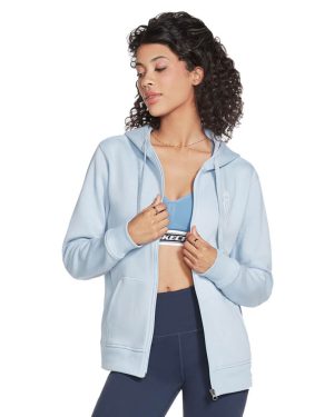 (S, Tranquil Blue) Skechers Womens Diamond Crown Kangaroo Pocket Drawcord Full Zip Hoody