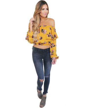 (S) Women Floral Print Blouse Crop Top Off Shoulder Ruffles Lantern Long Sleeve Loose Yellow