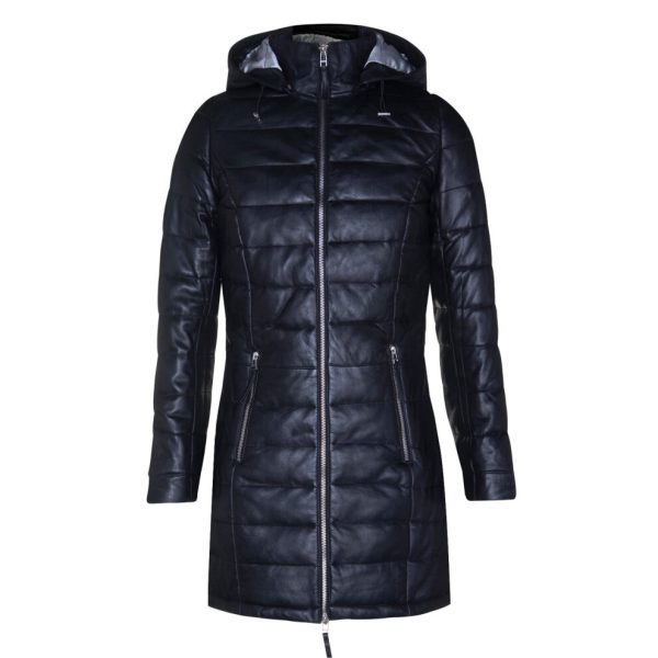 (S) Women's Black Leather Puffer Quilted Hooded Coat