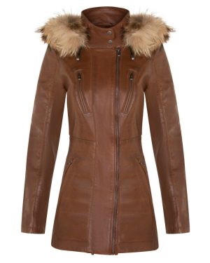 (S) Womens Tan Leather Detachable Hooded Trench Coat