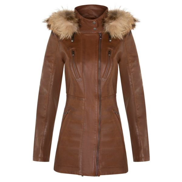 (S) Womens Tan Leather Detachable Hooded Trench Coat