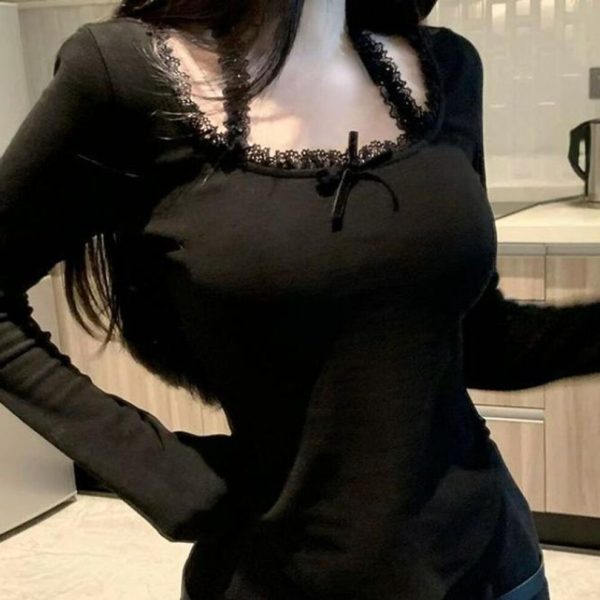 (S, beige) Lace T Shirt for Women Spring Slim Crop Top Korean Halter Long Sleeve Tees Y2k Solid Ladies Tshirts Femme Bow Sweet Clothing New