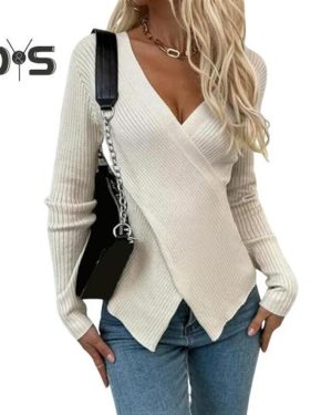 (S, beige) Women Sexy V-Neck Wrap Sweater Knit Top Slim Fit Pullover Long Sleeve Soft Breathable Fabric Sweater Autumn Clothing