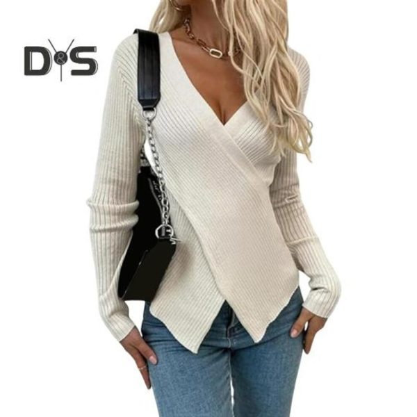 (S, beige) Women Sexy V-Neck Wrap Sweater Knit Top Slim Fit Pullover Long Sleeve Soft Breathable Fabric Sweater Autumn Clothing